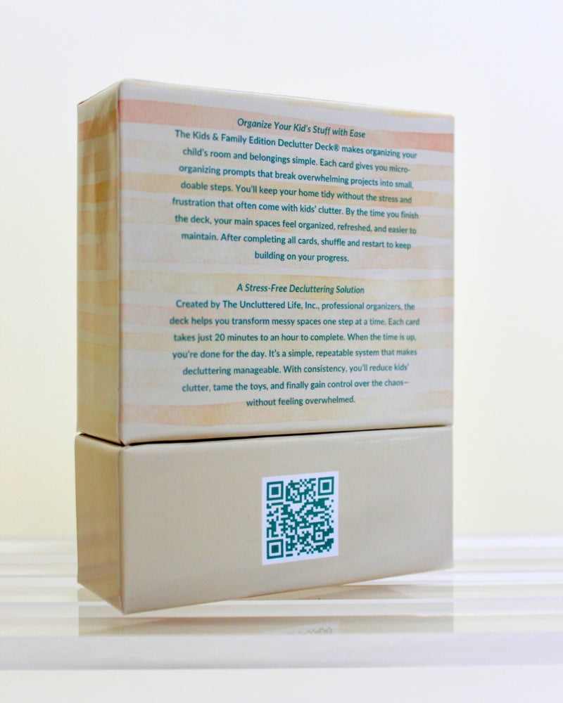 Product packaging of Declutter Deck Kids and Family Edition with text and a QR code on a light background