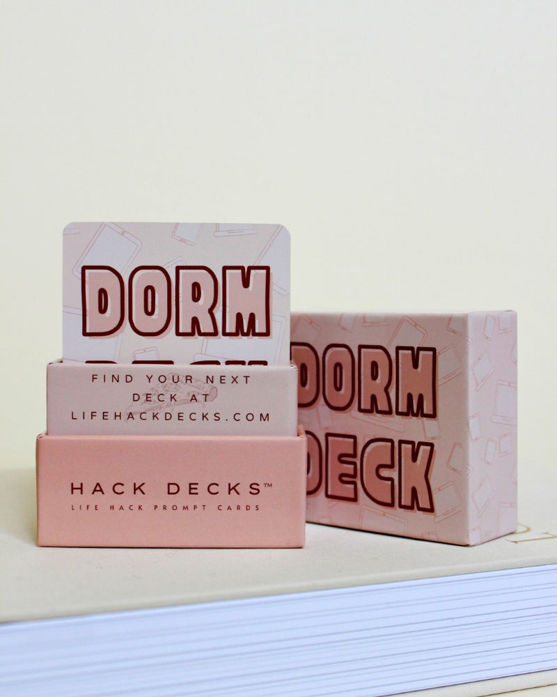 Three 'Dorm Deck' boxes with text on a light background