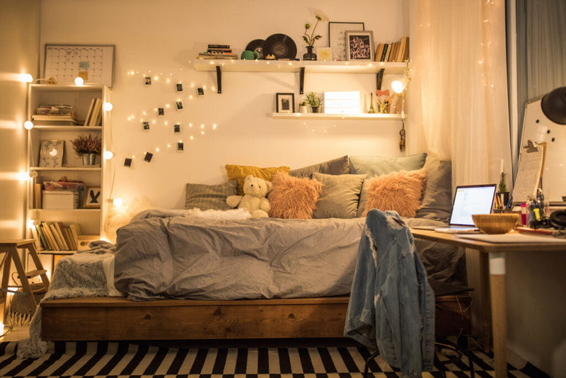 Cozy dorm room with fairy lights