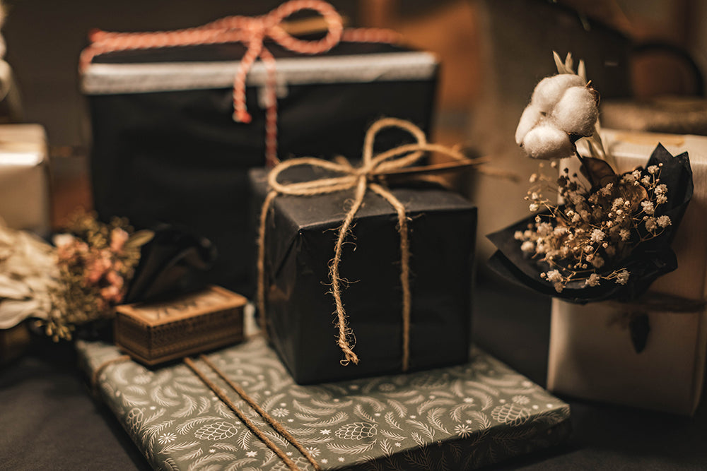 Stacked gifts with rustic wrapping