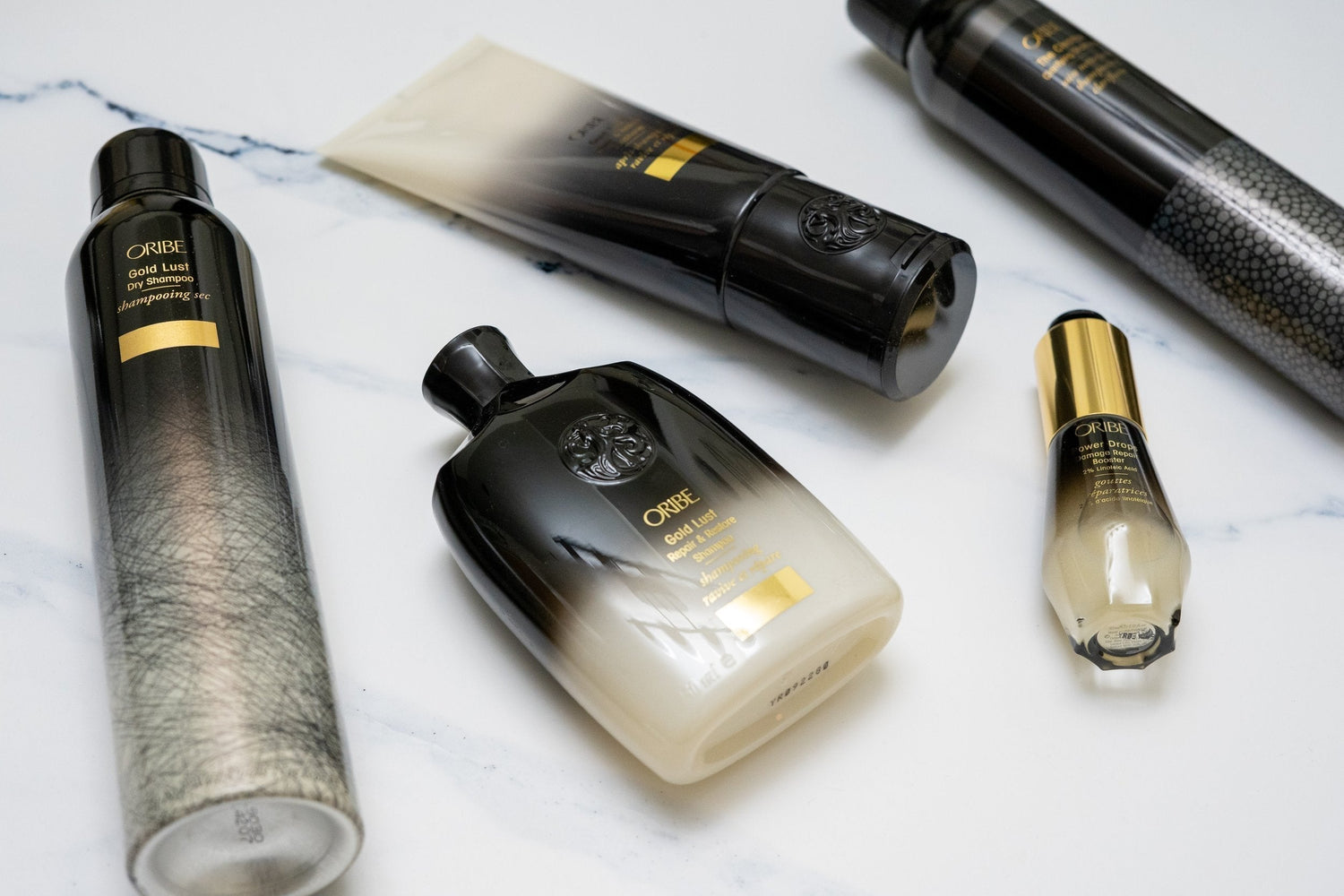 Hair care products arranged neatly for decluttering