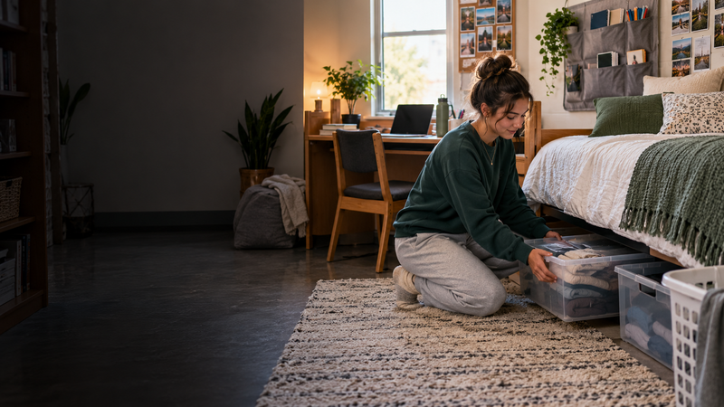 Hack Decks article featuring 15 dorm room organization hacks to help college students keep their space clean and organized all semester