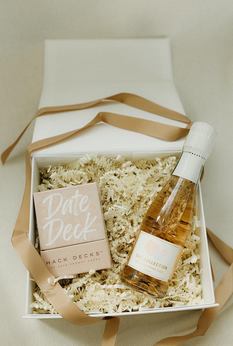 Gift box with Date Deck® and wine wedding shower gift ideas