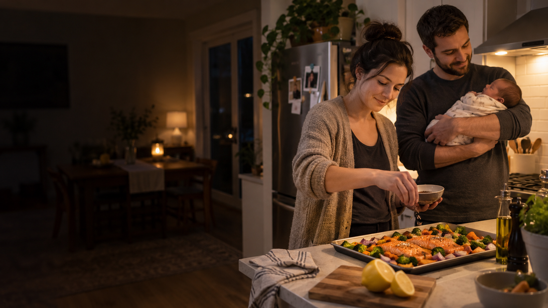 Hack Decks article featuring easy meal ideas for new parents and practical ways to keep the kitchen organized and manageable with a new baby
