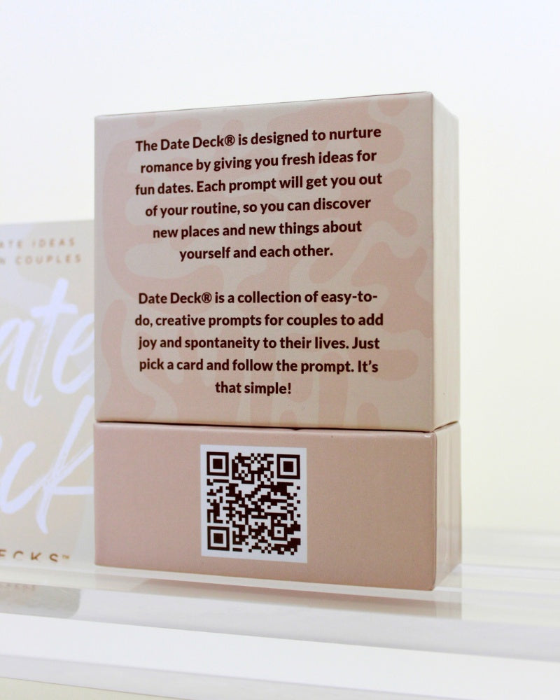 Date Deck product packaging with text and QR code on a light background