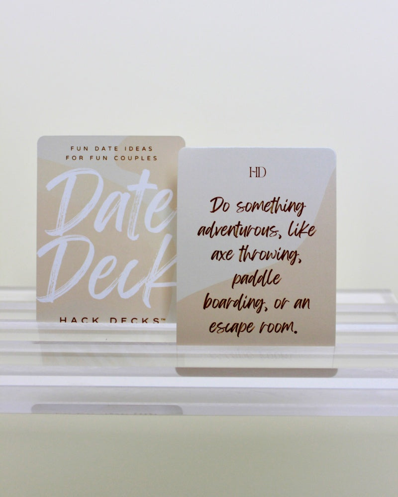 Two card decks titled 'Date Deck' and 'HD' on a light background