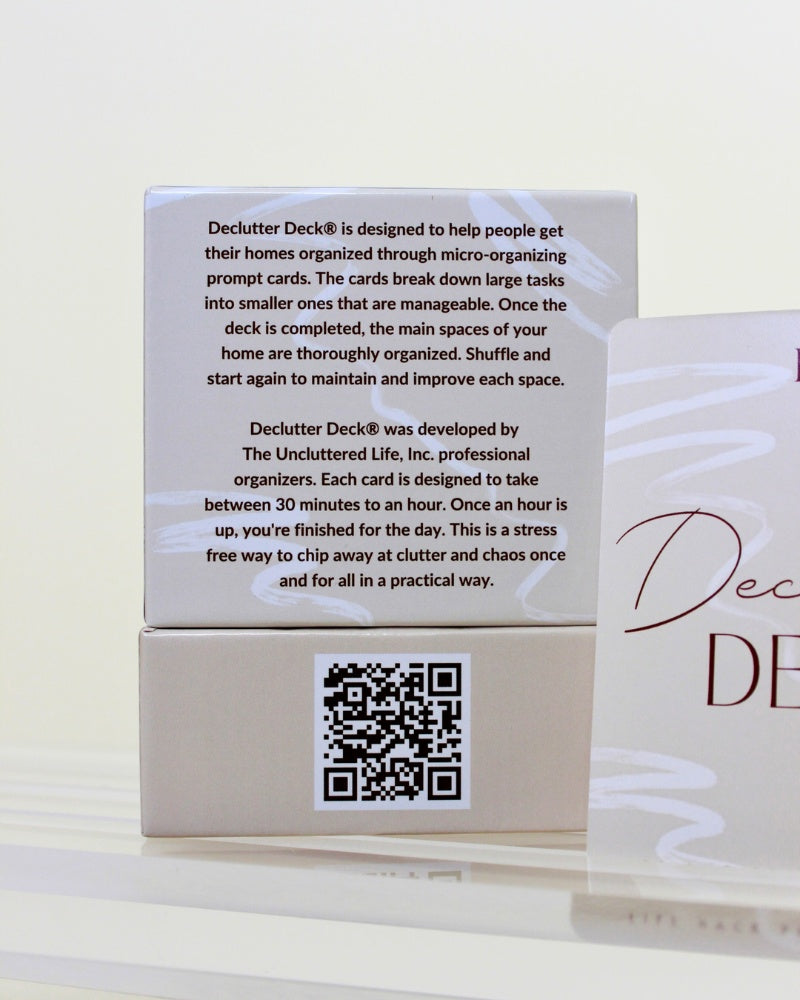 Declutter Deck packaging with text and QR code on a white background