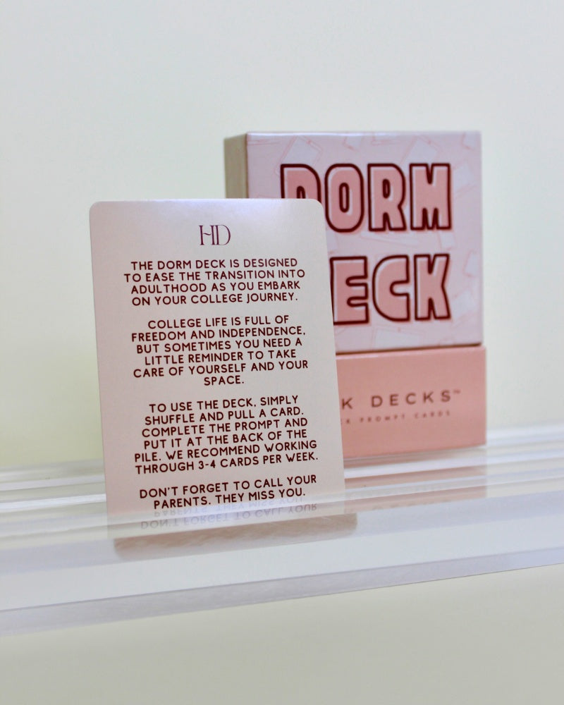 Dorm Decks card with instructions on a white background