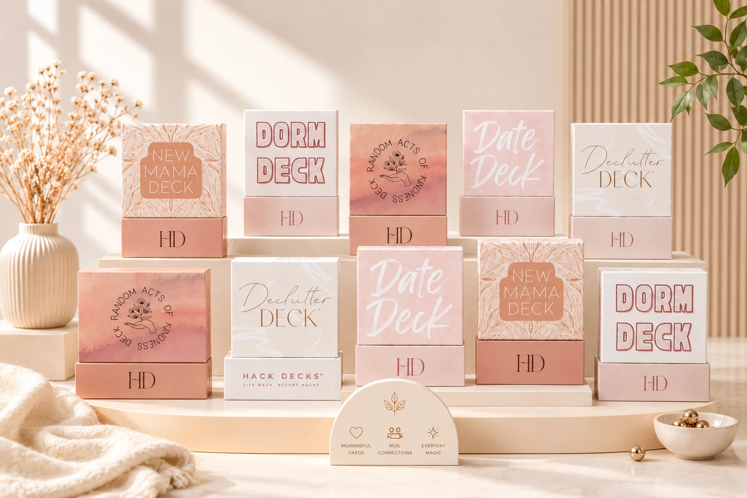 Collection of Hack Decks including Date Deck, Declutter Deck, New Mama Deck, Dorm Deck and Random Acts of Kindness Deck on wooden platform.