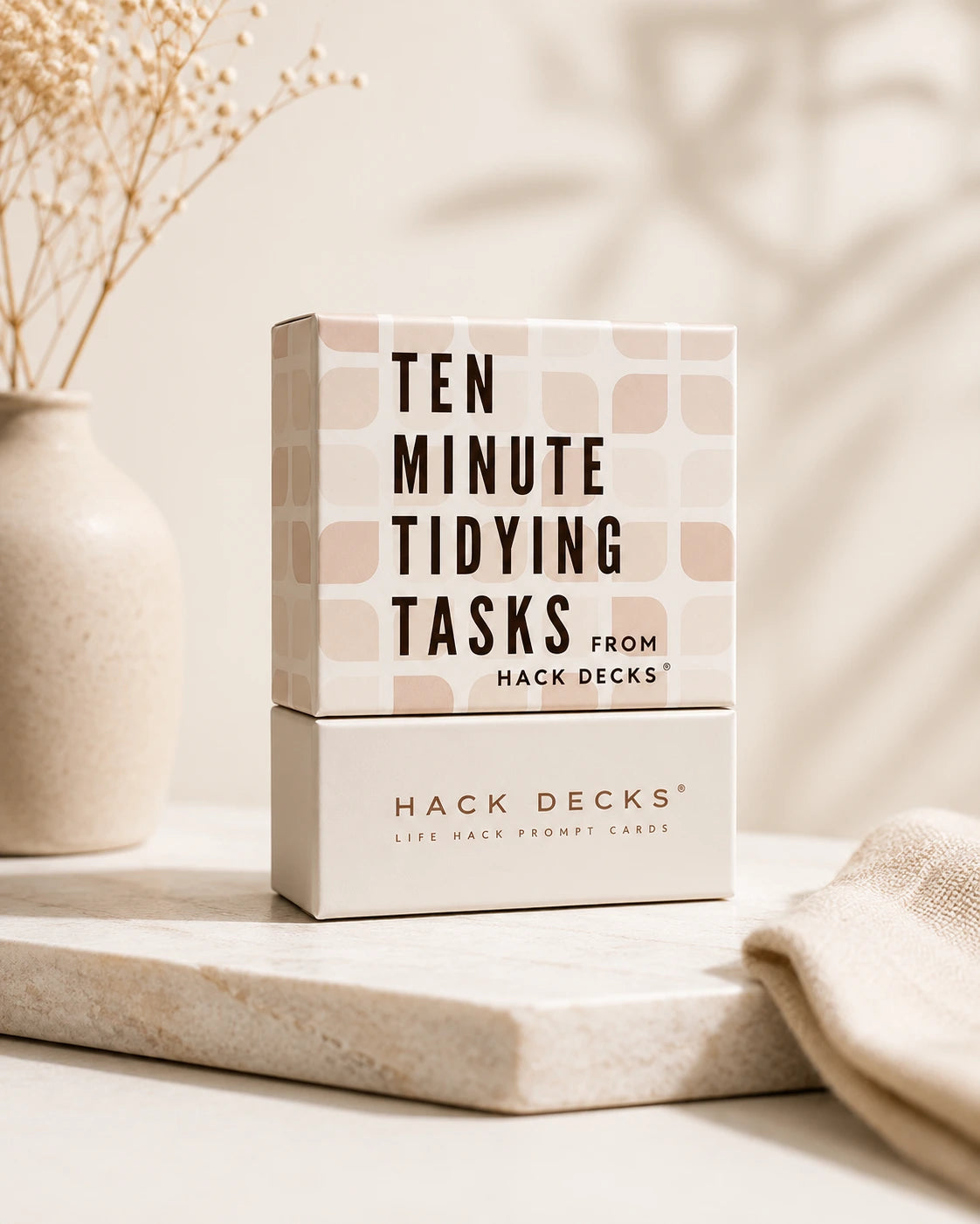 Box of Ten Minute Tidying Tasks Declutter Deck cards from Hack Decks on a light background