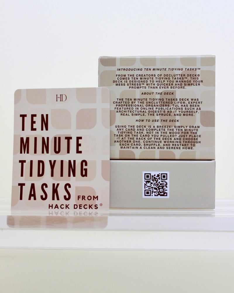 Two boxes of 'Ten Minute Tidying Tasks' from Hack Decks on a white background