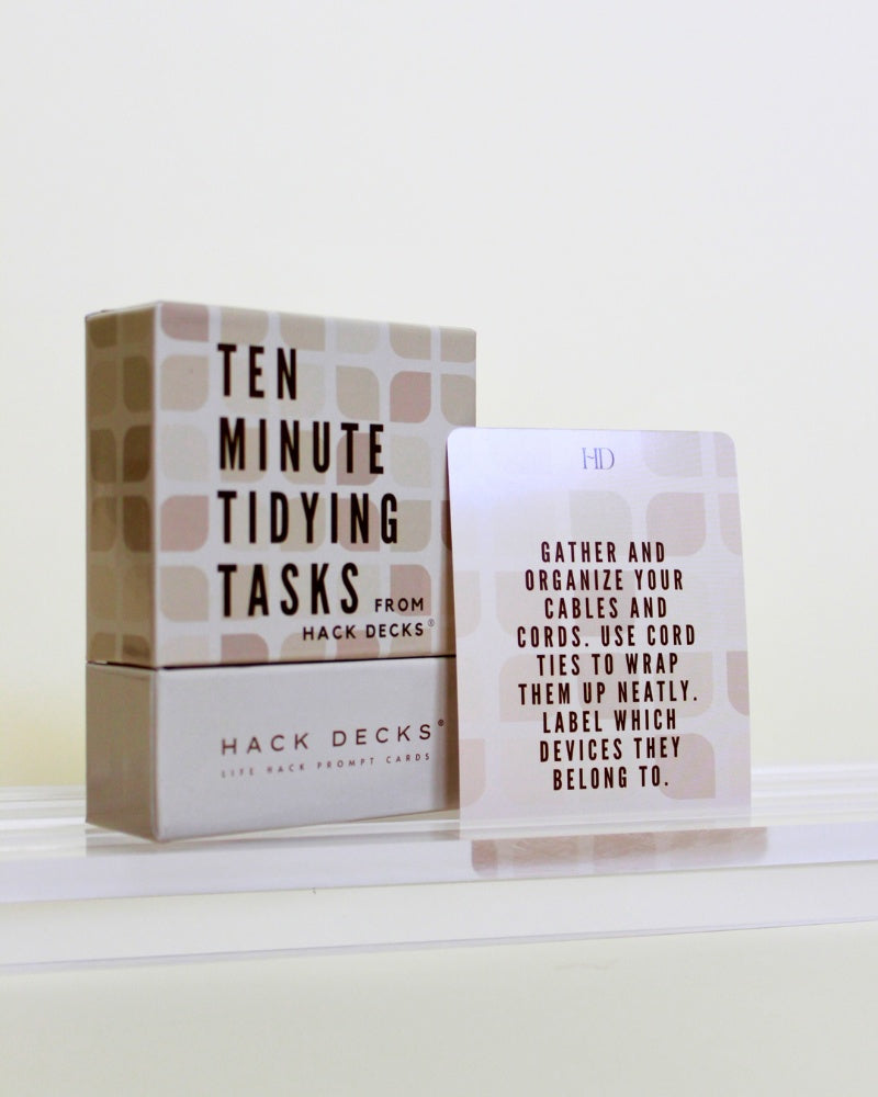Box of 'Ten Minute Tidying Tasks' from Hack Decks on a white background