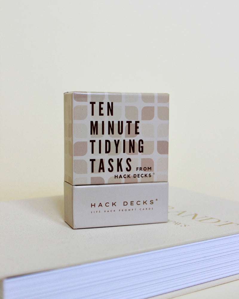 Box of 'Ten Minute Tidying Tasks' from Hack Decks on a light background
